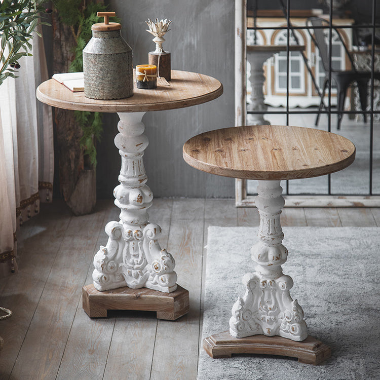 Wood Round Top Side Table Metal Base End Table - Distressed Surface Treatment