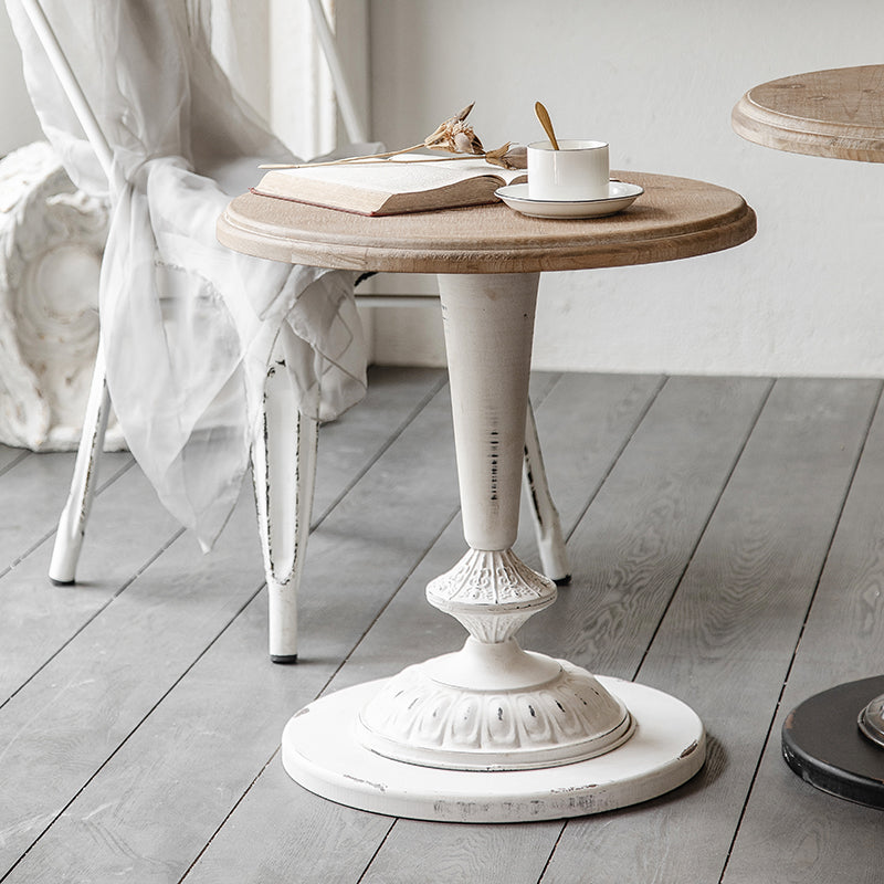 Wood Round Top Side Table Metal Base End Table - Distressed Surface Treatment