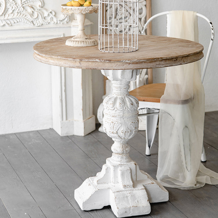 Wood Round Top Side Table Metal Base End Table - Distressed Surface Treatment