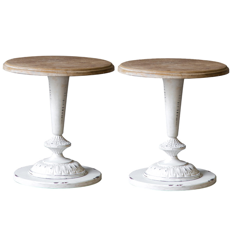 Wood Round Top Side Table Metal Base End Table - Distressed Surface Treatment