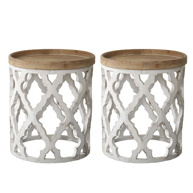 Wood Round Top Side Table Metal Base End Table - Distressed Surface Treatment