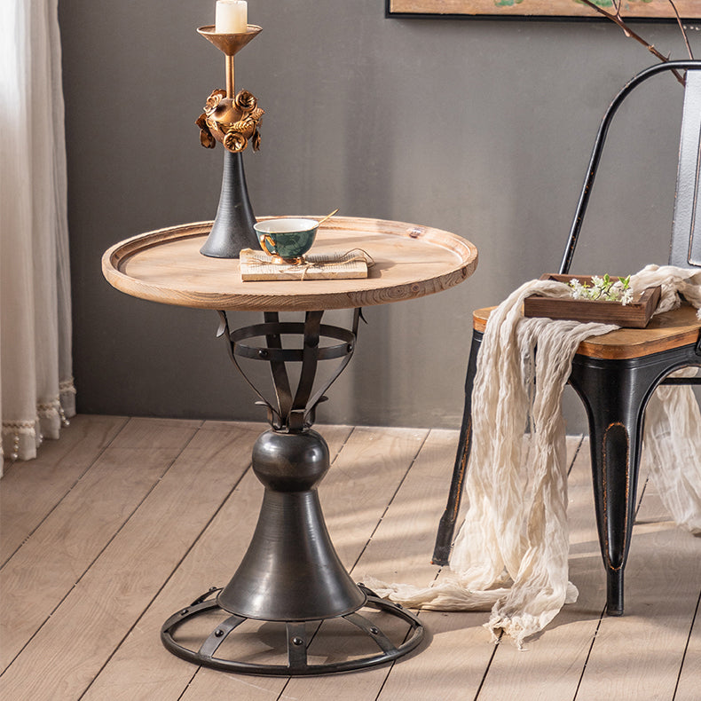 French Country Round Wood Top Side Table Iron Pedestal End Table