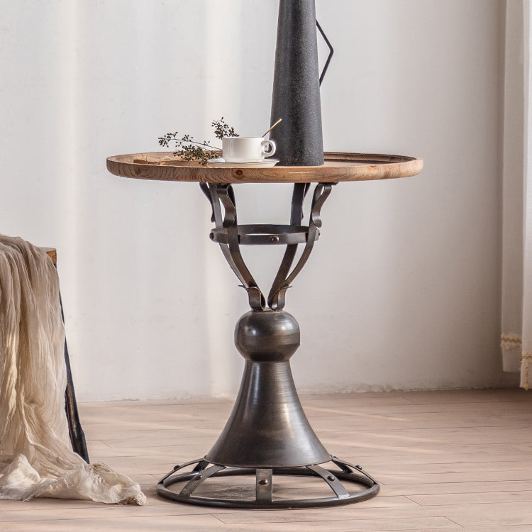 French Country Round Wood Top Side Table Iron Pedestal End Table