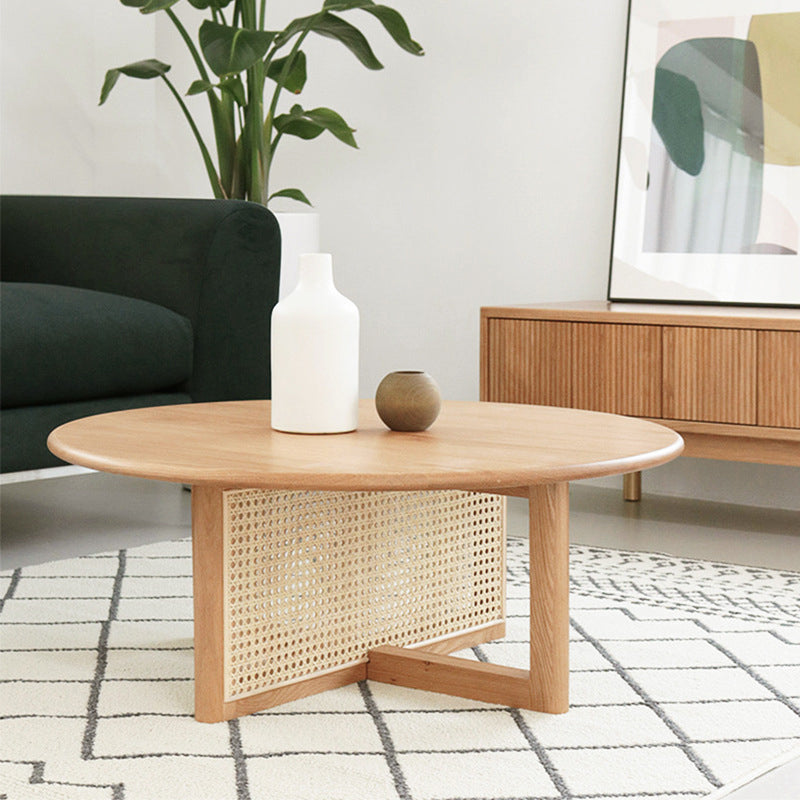 Scandinavian Round Coffee Table with Cross Legs in Pine Wood