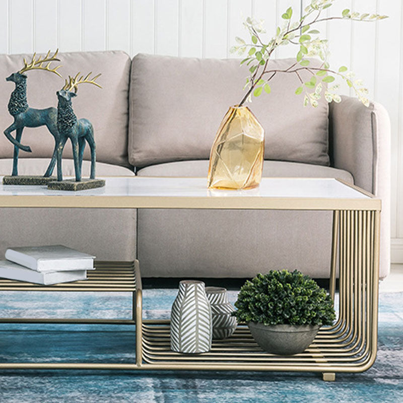 Glam Rectangle Coffee Table with 3 Shelves and Marble Top Cocktail Table