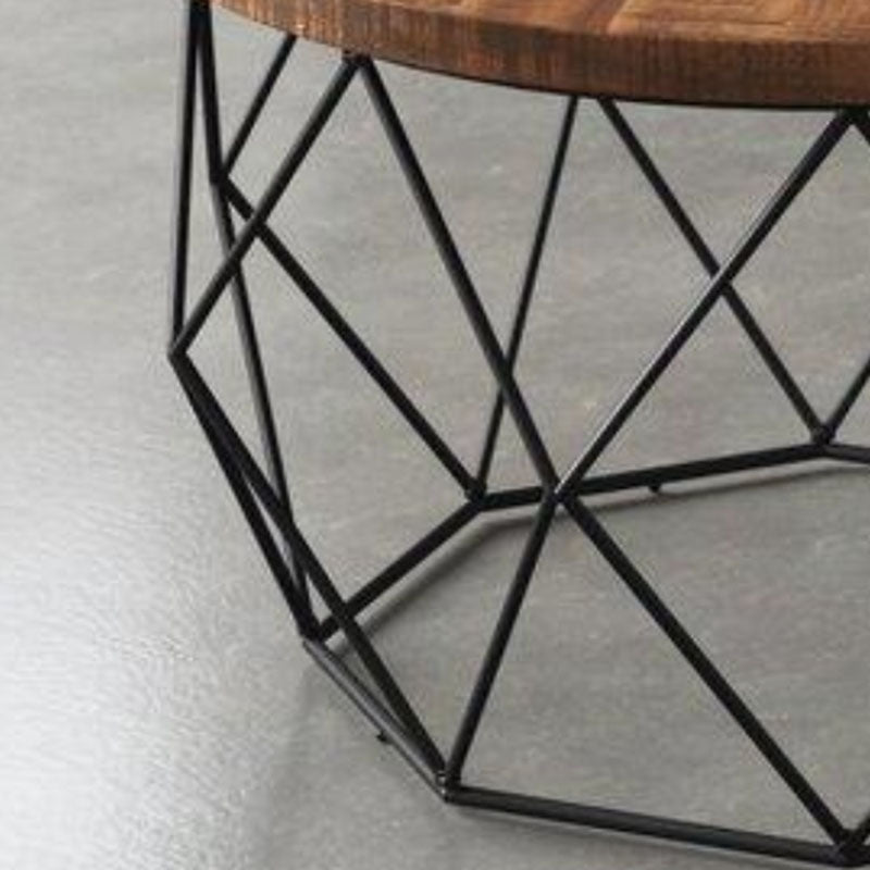 Contemporary Solid Wood Coffee Table with Round Top and Metal Base