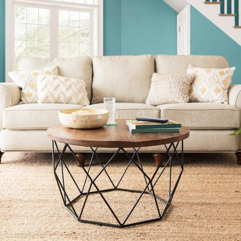 Contemporary Solid Wood Coffee Table with Round Top and Metal Base