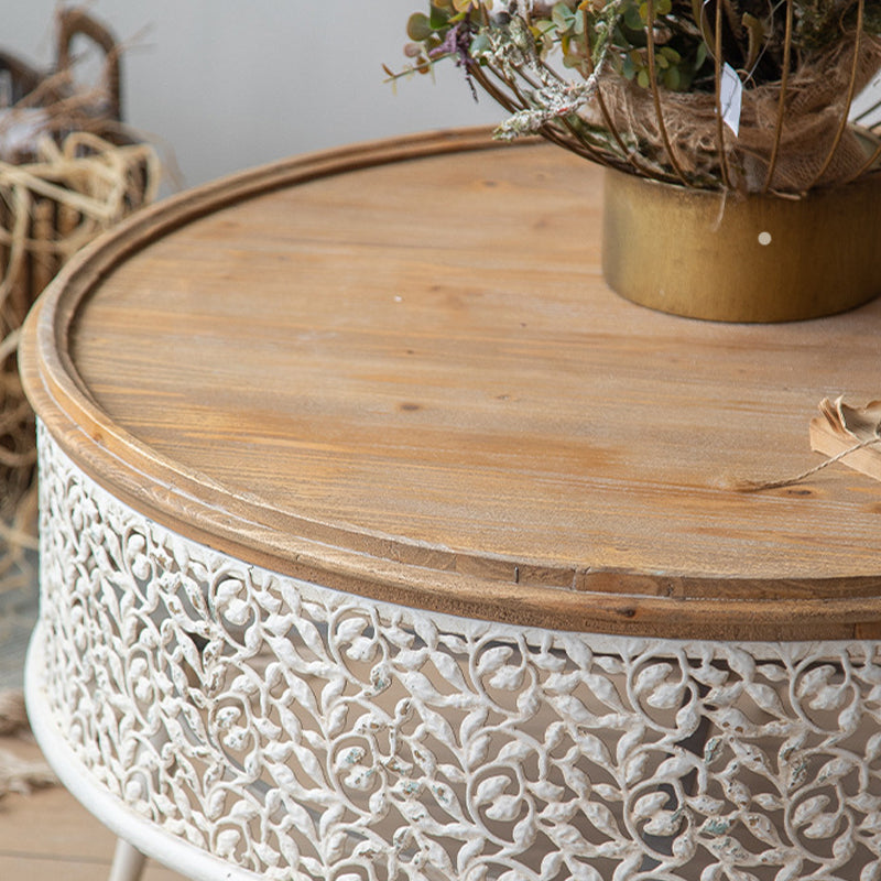 French Country Round Coffee Table with Natural Pine Wood Top