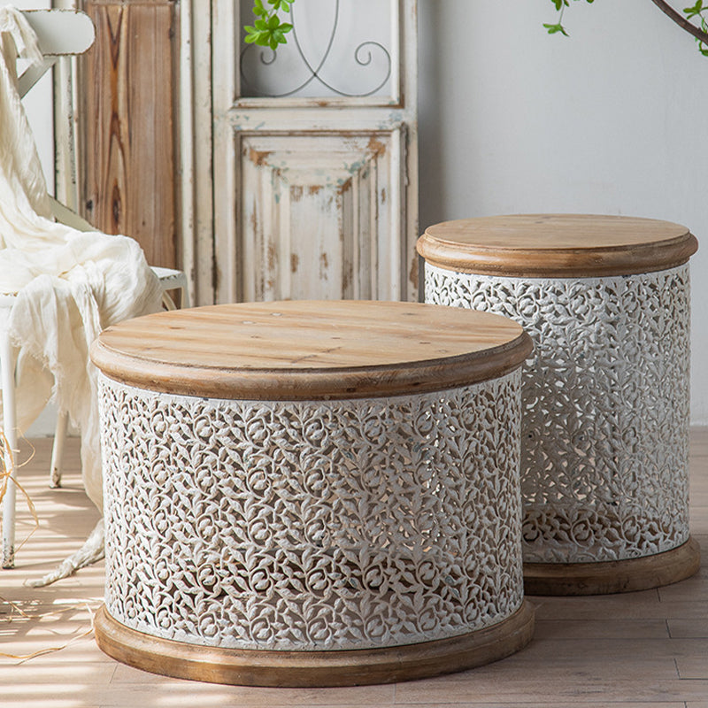 French Country Round Coffee Table with Natural Pine Wood Top