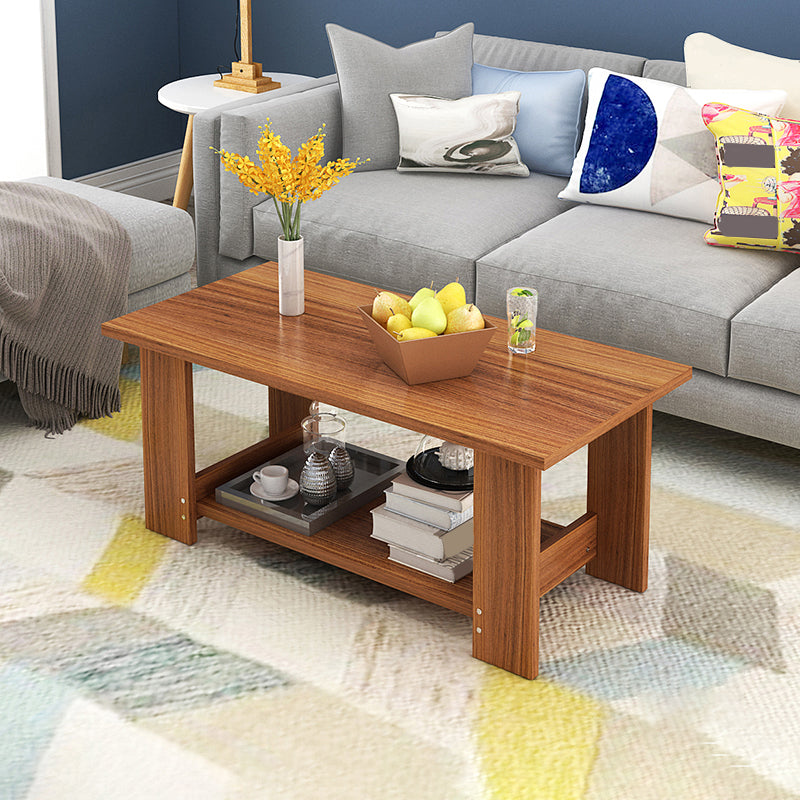16.53" Tall Rectangle Top Coffee Table Wooden 4 Legs Cocktail Table with Shelf