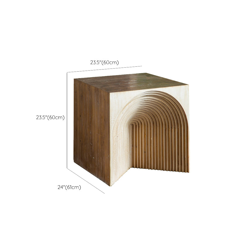 Solid Wood Drum End Table Rustic Engraved Design Accent Side Table