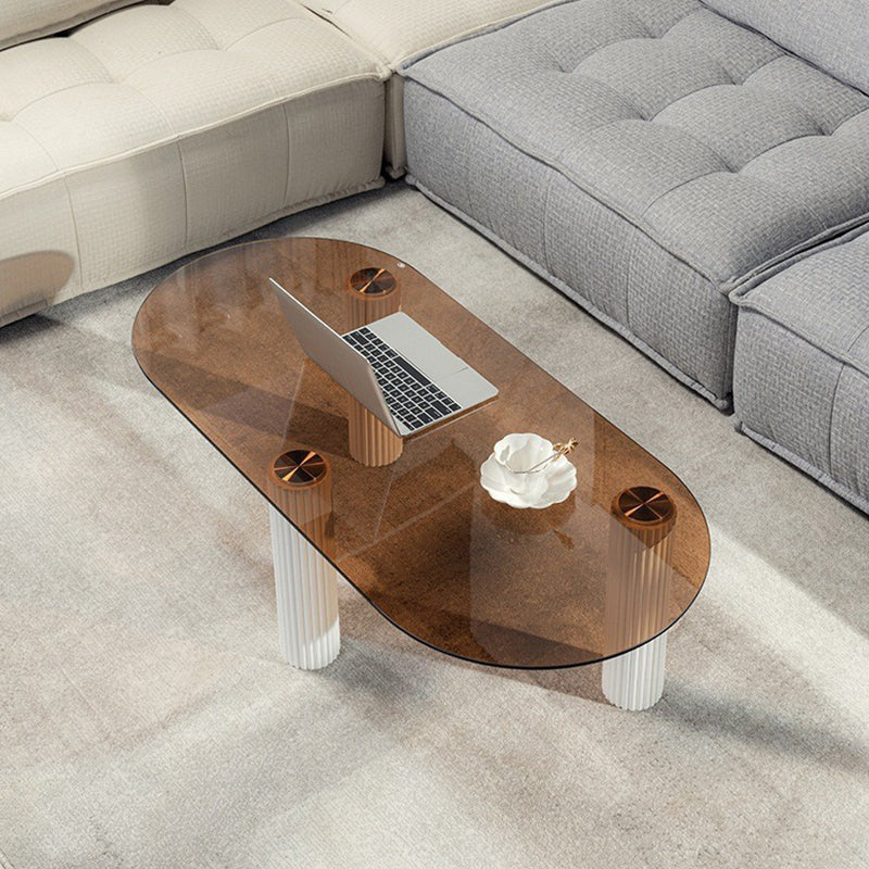 Contemporary Oval Glass Top Coffee Table with 3 Wooden Legs Cocktail Table