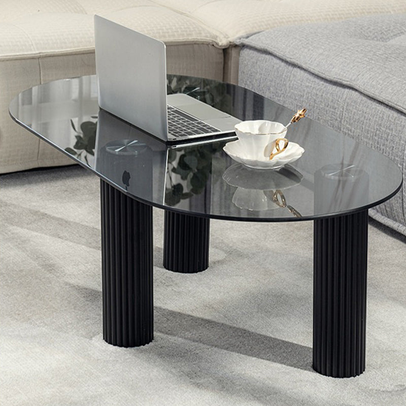 Contemporary Oval Glass Top Coffee Table with 3 Wooden Legs Cocktail Table