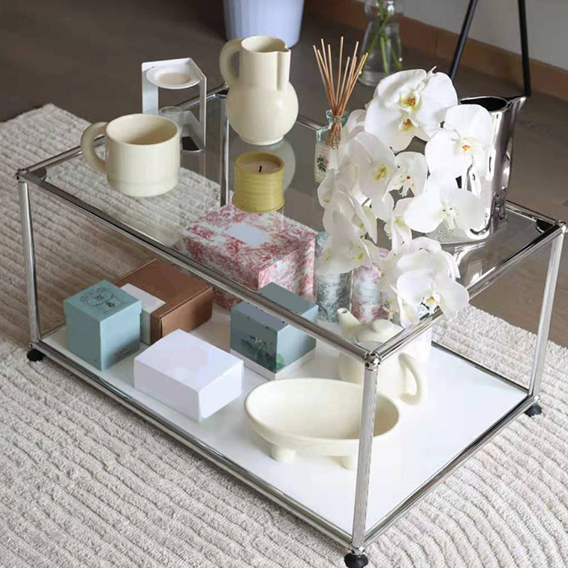 16.53"H Rectangle Glass Coffee Table Stainless Steel Frame Cocktail Table