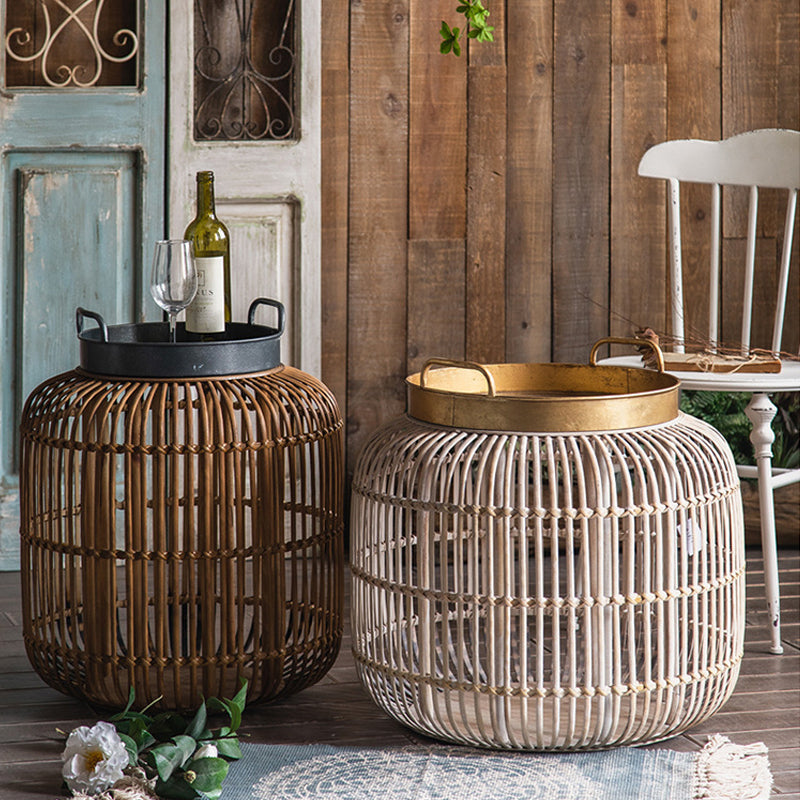 Tray Top Side Accent Table Rustic Metal and Rattan Drum End Table