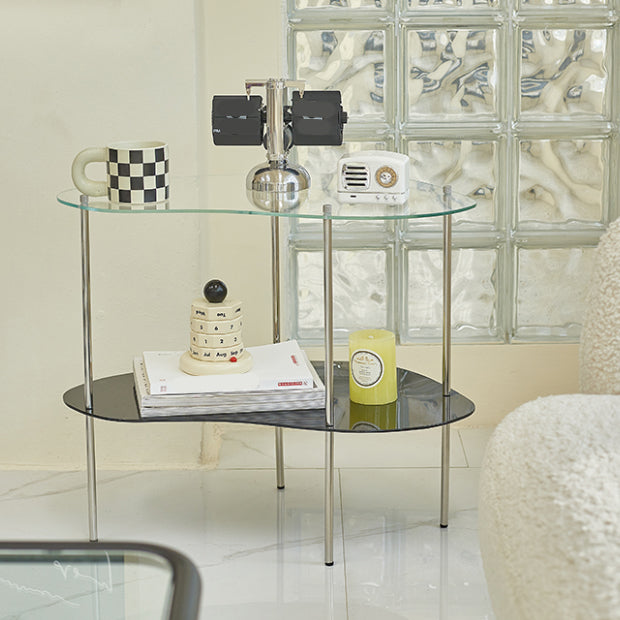 Modern Glass Top 4 Legs Double Tier Naturally Shaped Accent Side Table