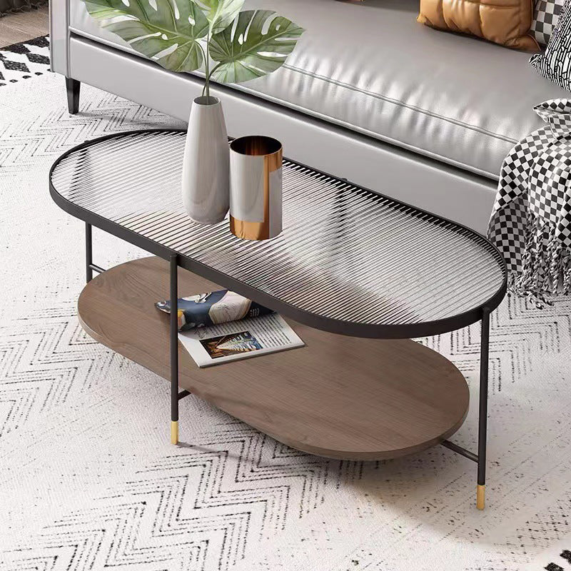 Modern Oval / Round Glass Coffee Table Iron 4 Legs Cocktail Table with Shelf