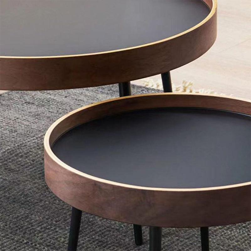 Round Wooden Coffee Table Black Tray Top Cocktail Table with 4 Legs