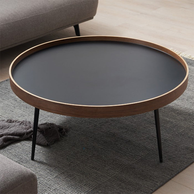 Round Wooden Coffee Table Black Tray Top Cocktail Table with 4 Legs