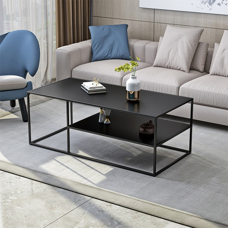 Rectangular Iron Cocktail Table with Shelf 19.7" H Frame Coffee Table in Black