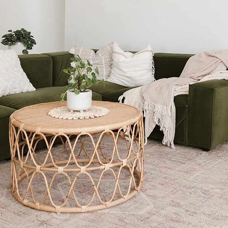Scandinavian Round Top Coffee Table Rattan Drum Cocktail Table