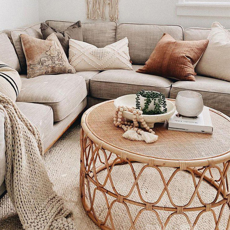Scandinavian Round Top Coffee Table Rattan Drum Cocktail Table