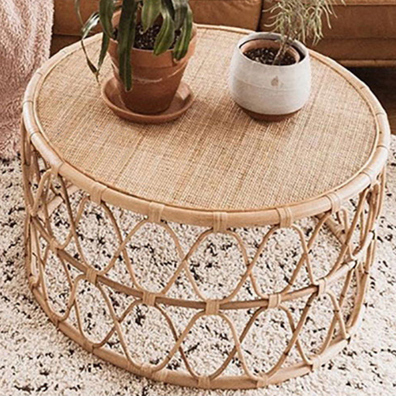 Scandinavian Round Top Coffee Table Rattan Drum Cocktail Table