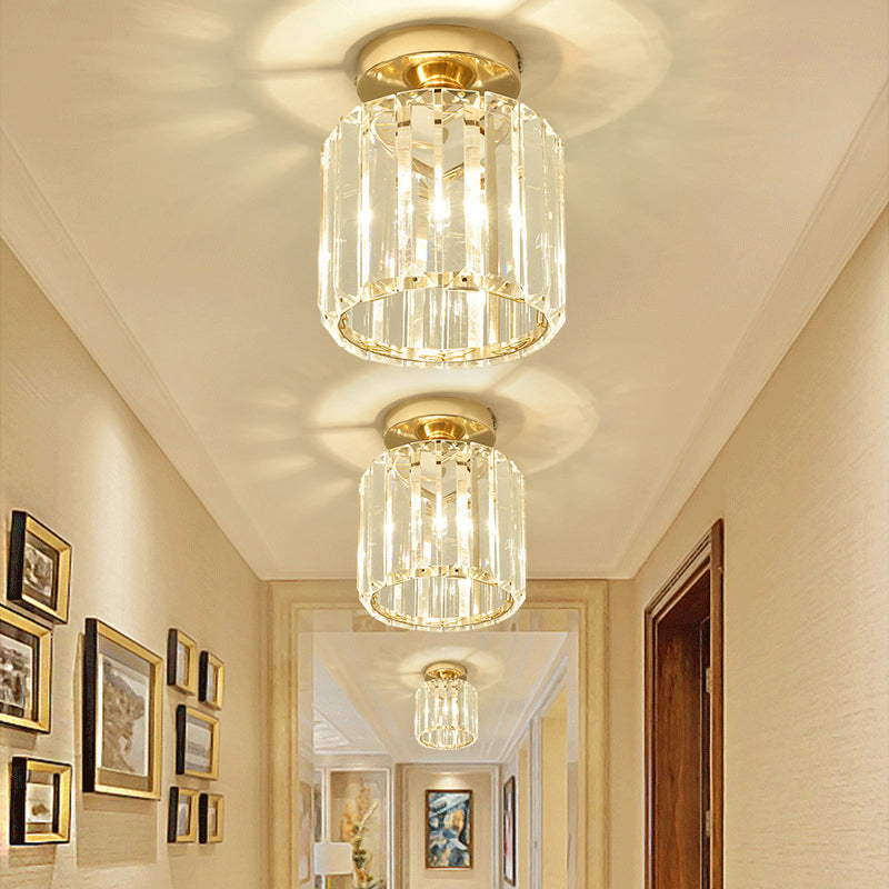 1-Light Crystal Flush Cylinder Shade in Gold and Clear Ceiling Flush