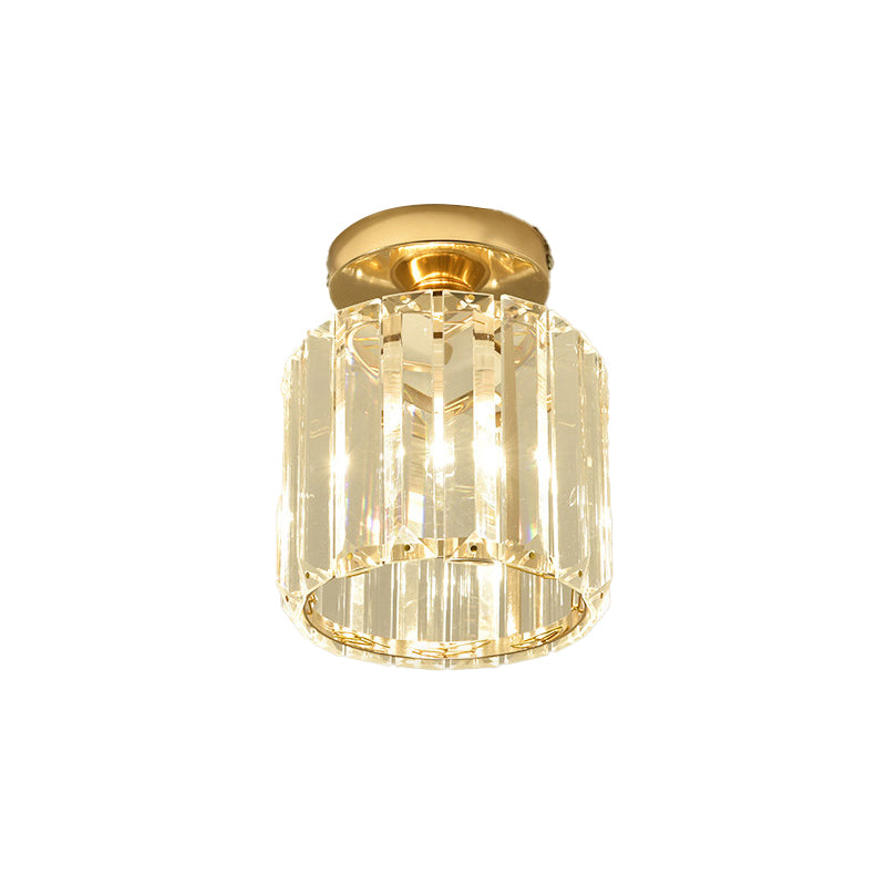 1-Light Crystal Flush Cylinder Shade in Gold and Clear Ceiling Flush
