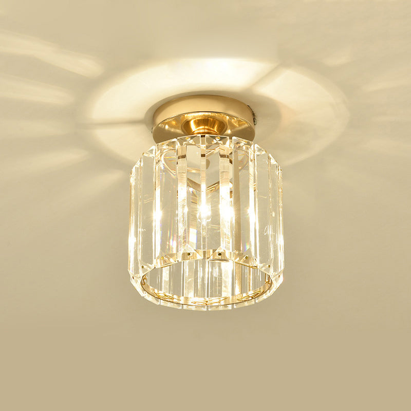 1-Light Crystal Flush Cylinder Shade in Gold and Clear Ceiling Flush