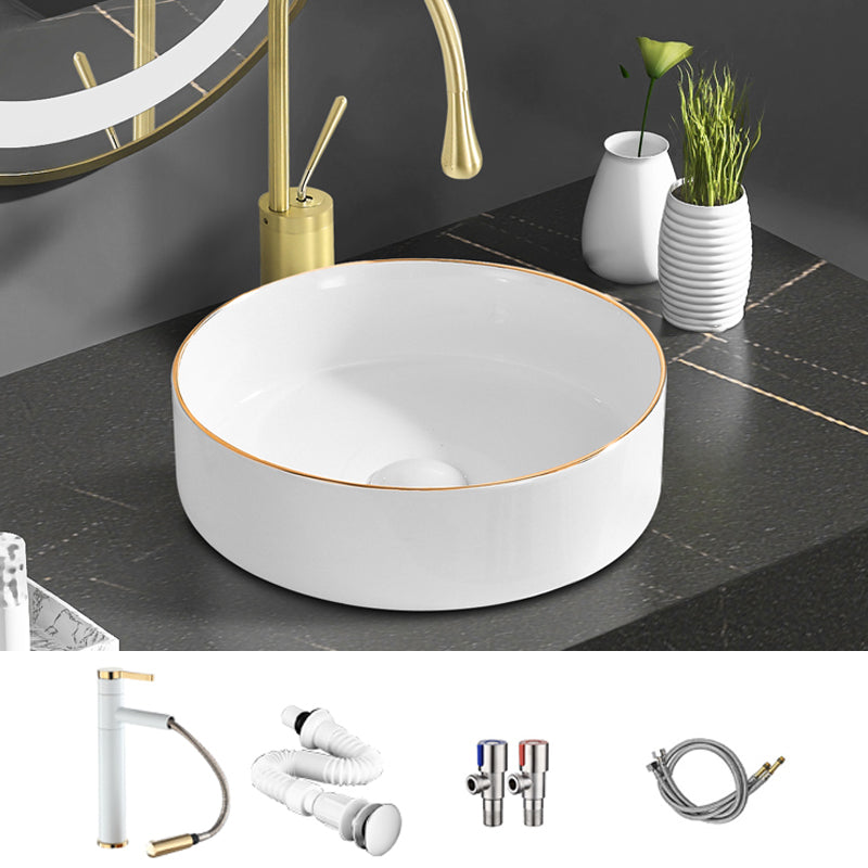 Modern Vessel Bathroom Sink Round Porcelain with Faucet Wash Stand