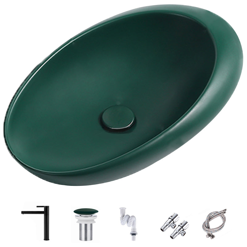Modern Vessel Bathroom Sink Porcelain Oval with Pop-Up Drain and Faucet Wash Stand