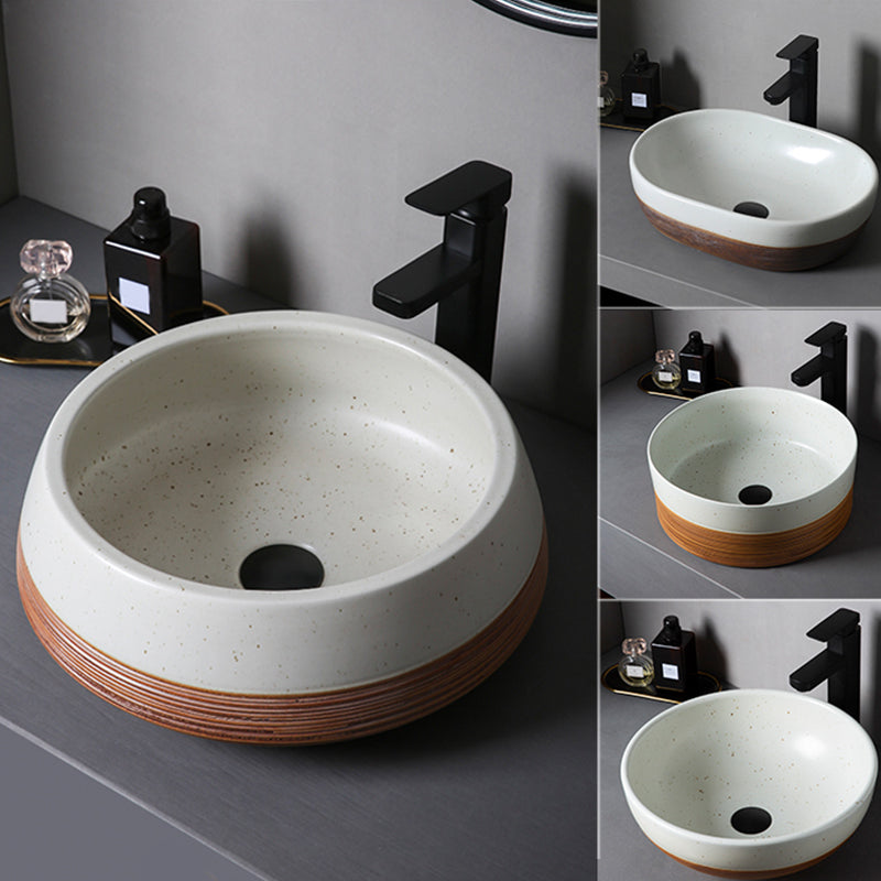 Traditional Bathroom Sink Porcelain Round Vessel with Pop-Up Drain