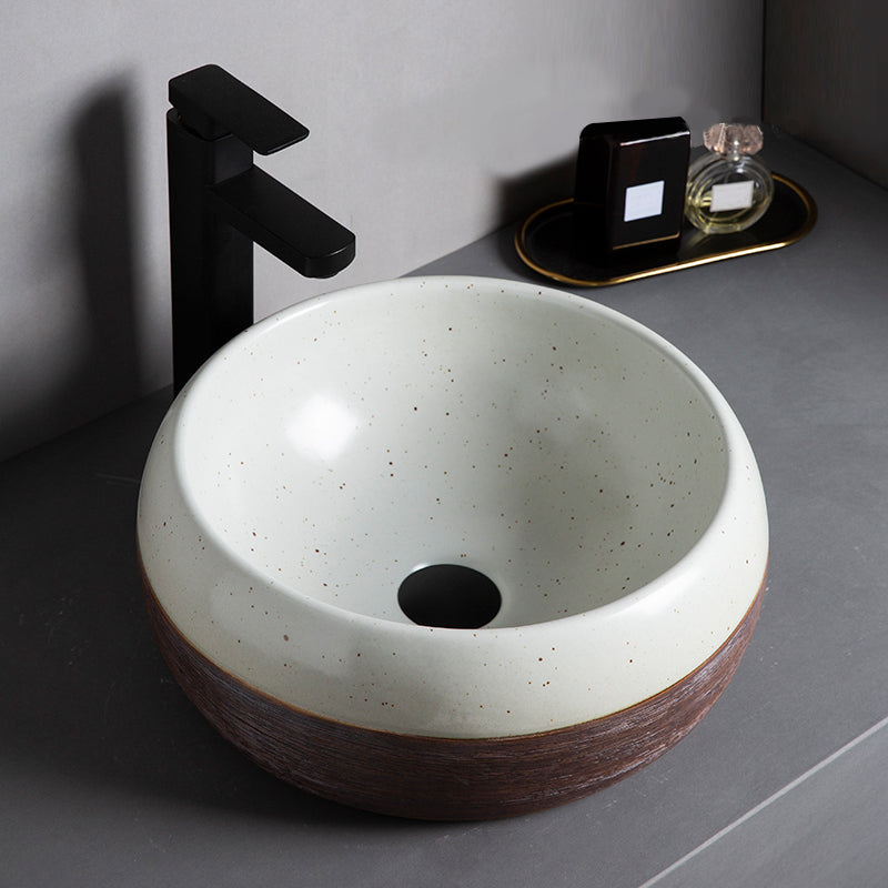 Traditional Bathroom Sink Porcelain Round Vessel with Pop-Up Drain