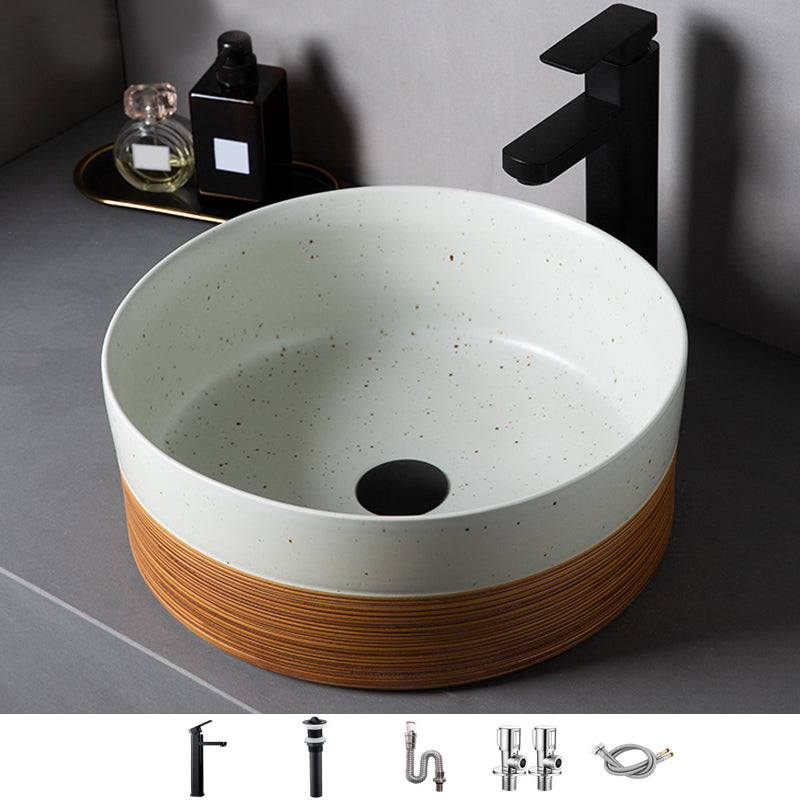 Traditional Bathroom Sink Porcelain Round Vessel with Pop-Up Drain