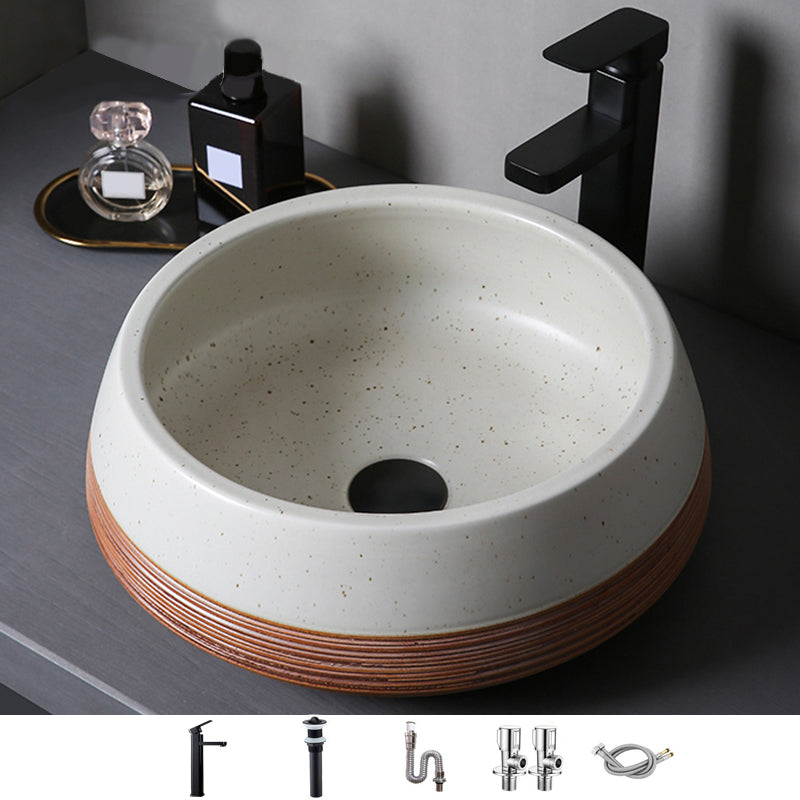 Traditional Bathroom Sink Porcelain Round Vessel with Pop-Up Drain