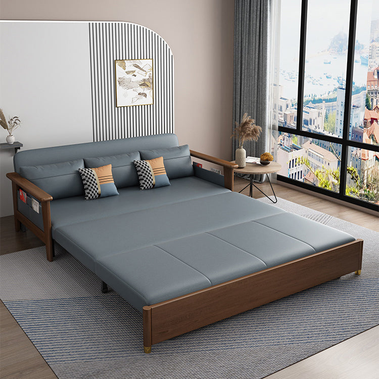 Convertible Square Arm Sofa with Pillows Faux Leather Sofa Bed in Blue