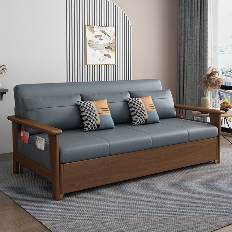 Convertible Square Arm Sofa with Pillows Faux Leather Sofa Bed in Blue