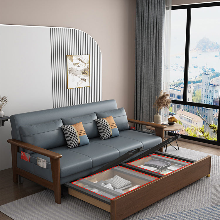 Convertible Square Arm Sofa with Pillows Faux Leather Sofa Bed in Blue