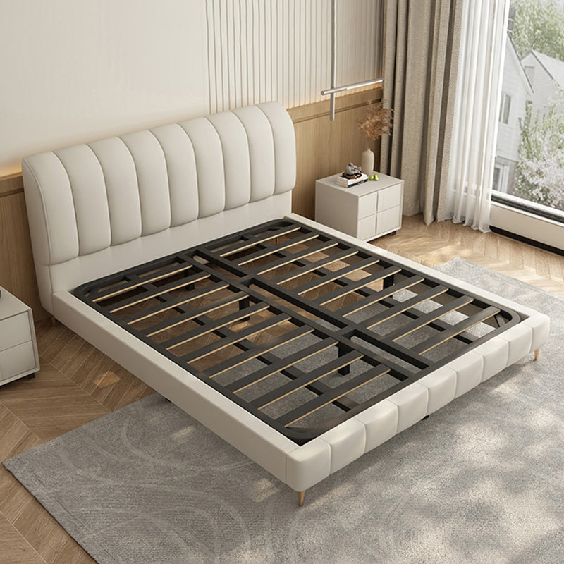 Upholstered Headboard Standard Bed Solid Wood Slat Bed in White