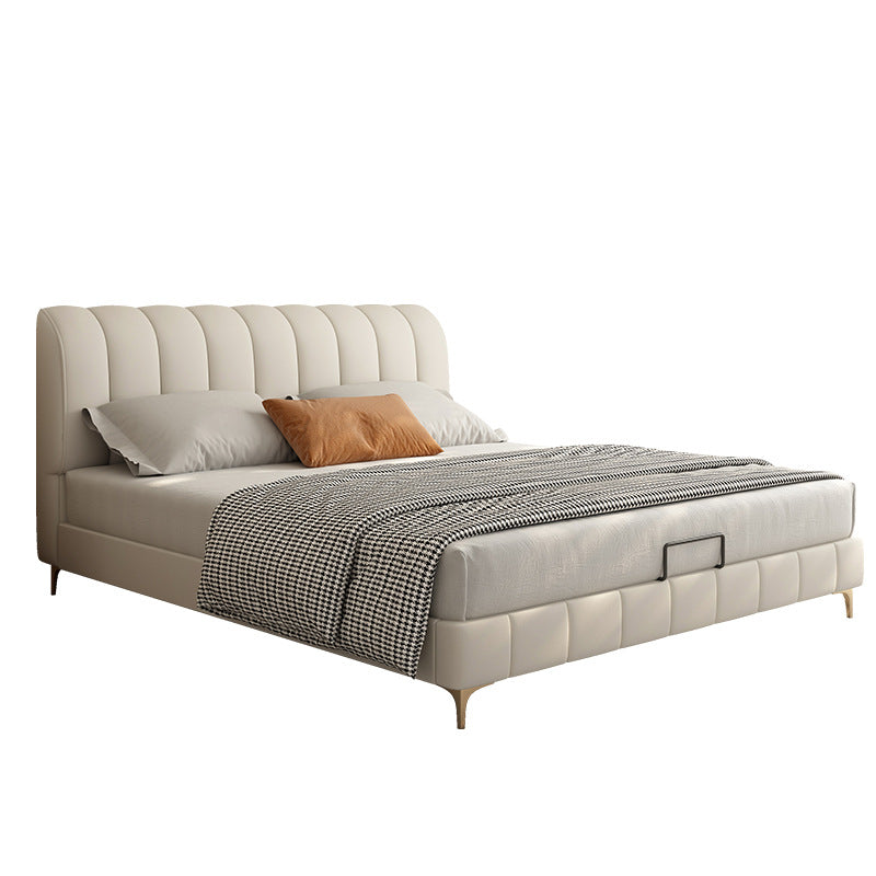 Upholstered Headboard Standard Bed Solid Wood Slat Bed in White