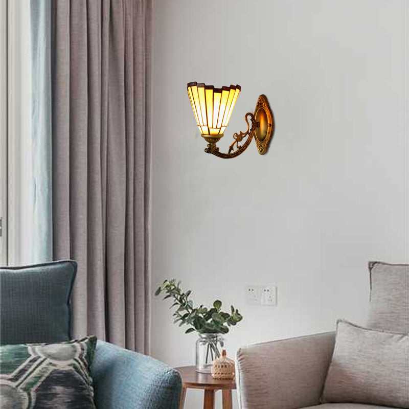 Mission Style Mini Wall Sconce Stained Glass 1 Light Wall Mounted Lamp with Curved Arm in Beige