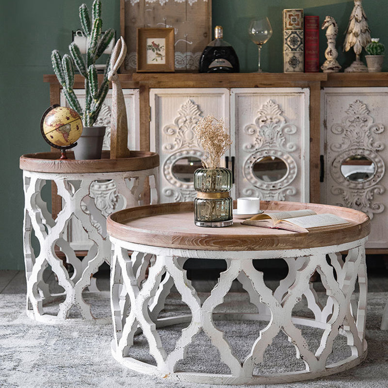 Rustic Drum Side Table Solid Wood Sofa Side Accent Table in Distressed White