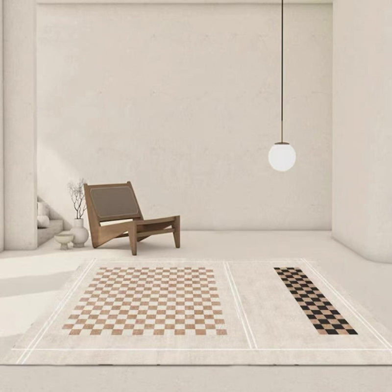 Light Brown Grid Rug Polyester Modern Rug Washable Rug for Living Room
