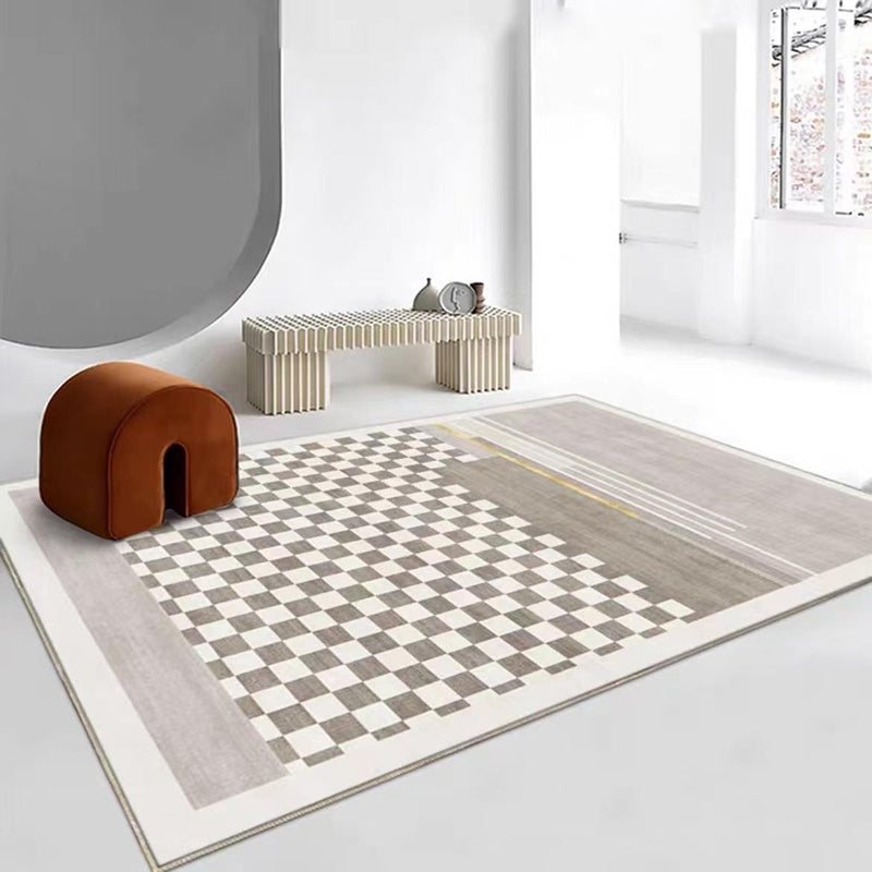 Light Brown Grid Rug Polyester Modern Rug Washable Rug for Living Room