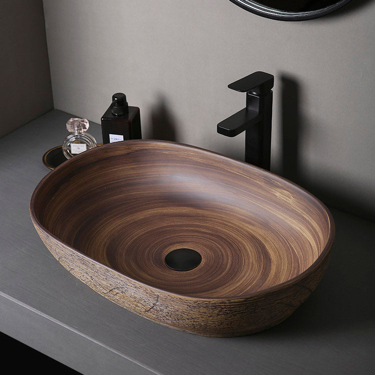 Traditional Bathroom Sink Porcelain Oval-Shape Vessel Lavatory Sink with Pop-Up Drain