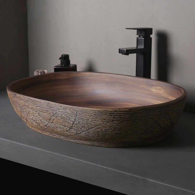 Traditional Bathroom Sink Porcelain Oval-Shape Vessel Lavatory Sink with Pop-Up Drain