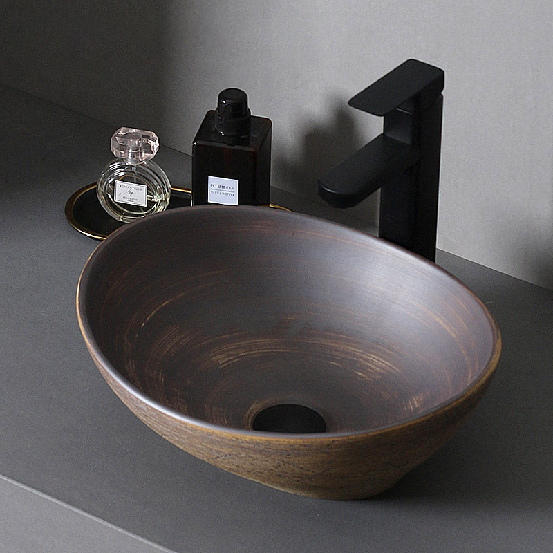 Traditional Bathroom Sink Porcelain Oval-Shape Vessel Lavatory Sink with Pop-Up Drain