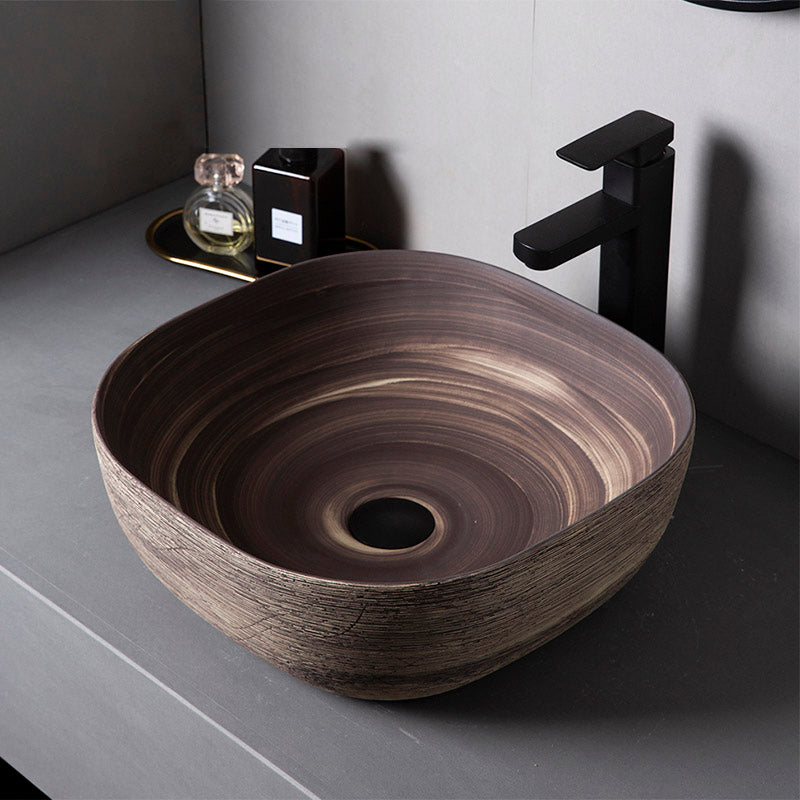 Traditional Bathroom Sink Porcelain Oval-Shape Vessel Lavatory Sink with Pop-Up Drain