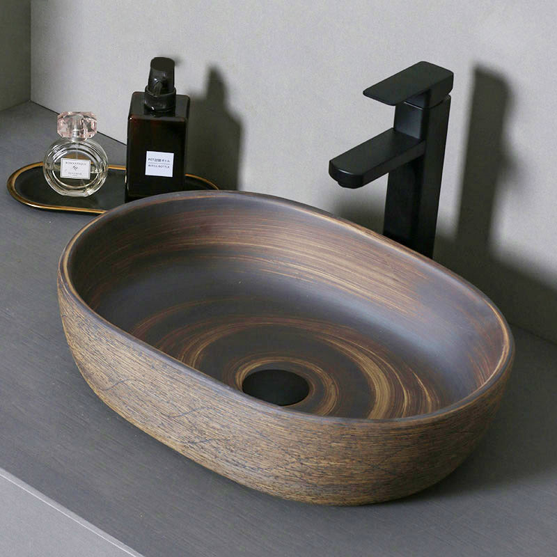 Traditional Bathroom Sink Porcelain Oval-Shape Vessel Lavatory Sink with Pop-Up Drain